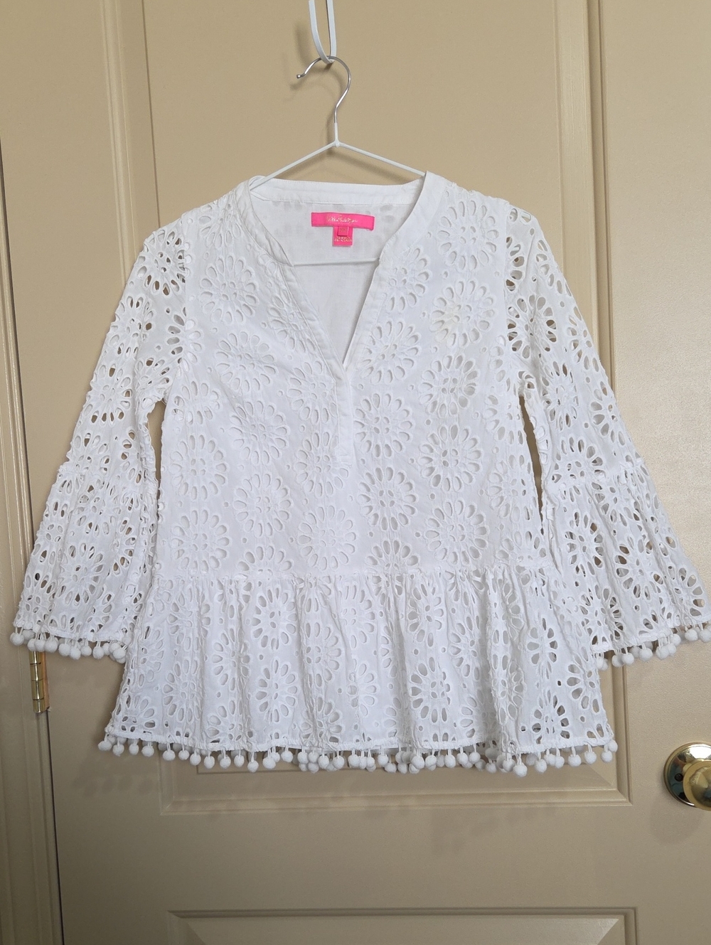 Lilly Pulitzer  White Eyelet Peplum Tunic with Pom Trim